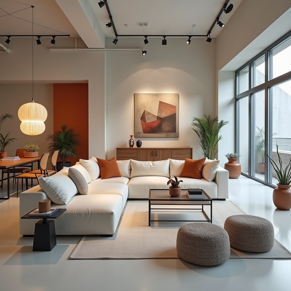 Showroom moderno di Design Loft Milano con mobili contemporanei esposti in uno spazio luminoso e minimalista