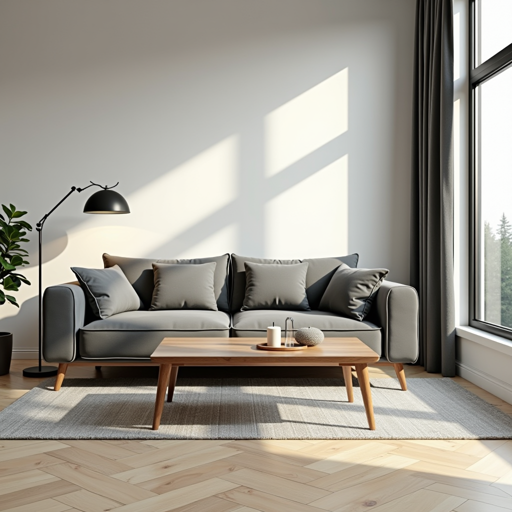 Elegante soggiorno moderno con divano grigio, tavolino in legno e lampada da terra design, illuminazione naturale da ampie finestre, pavimento in parquet chiaro, decorazioni minimaliste