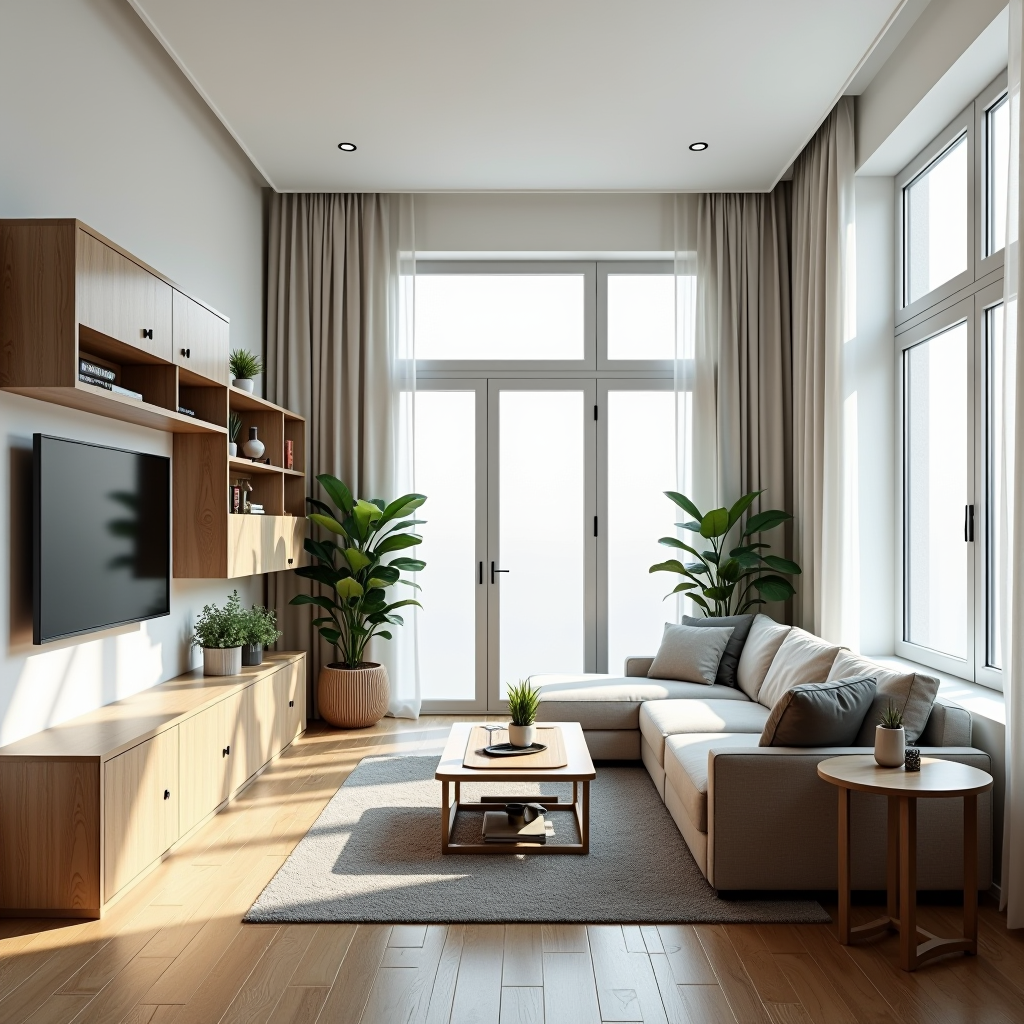 Soggiorno moderno e compatto in appartamento italiano con mobili multifunzionali, divano letto elegante, scaffalature a parete, tavolo da pranzo pieghevole, luce naturale abbondante, design minimalista, pareti bianche, accenti in legno e piante