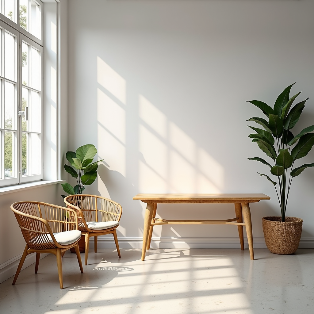 Showroom moderno di mobili sostenibili con sedie in bambù e tavoli in legno recuperato in un ambiente minimalista luminoso con luce naturale