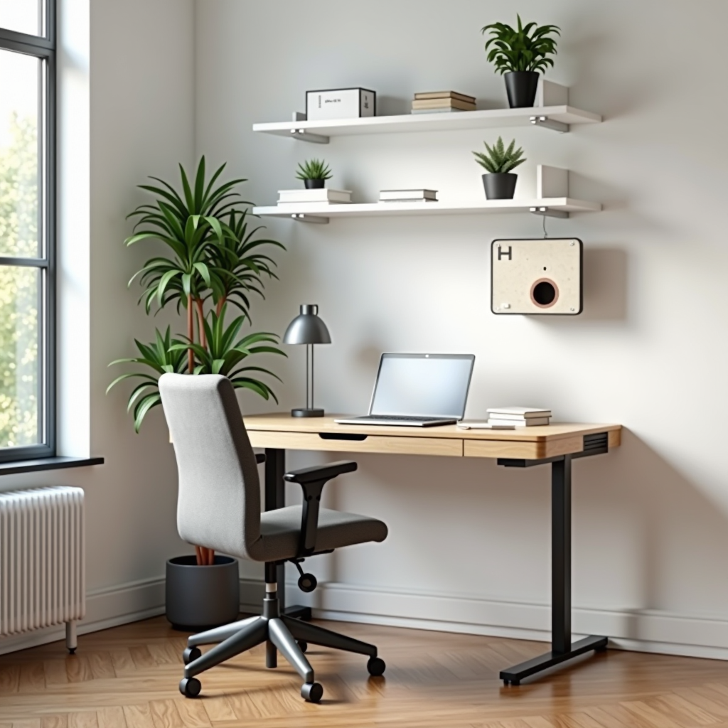 Moderno ufficio domestico italiano con scrivania regolabile in legno chiaro, sedia ergonomica grigia, lampada da tavolo minimalista, scaffalature a parete bianche con piante verdi e decorazioni moderne, pavimento in parquet, luce naturale da grande finestra