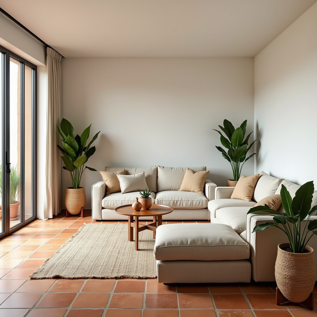 Elegante soggiorno mediterraneo contemporaneo con mobili dalle linee pulite, palette di colori caldi in tonalità terracotta e beige, tessuti naturali in lino e cotone, pavimento in cotto tradizionale, ampie finestre con luce naturale, piante verdi in vasi di ceramica artigianale, divano moderno con cuscini in tessuti naturali, tavolino in legno massello con finitura naturale, parete bianca con texture leggera