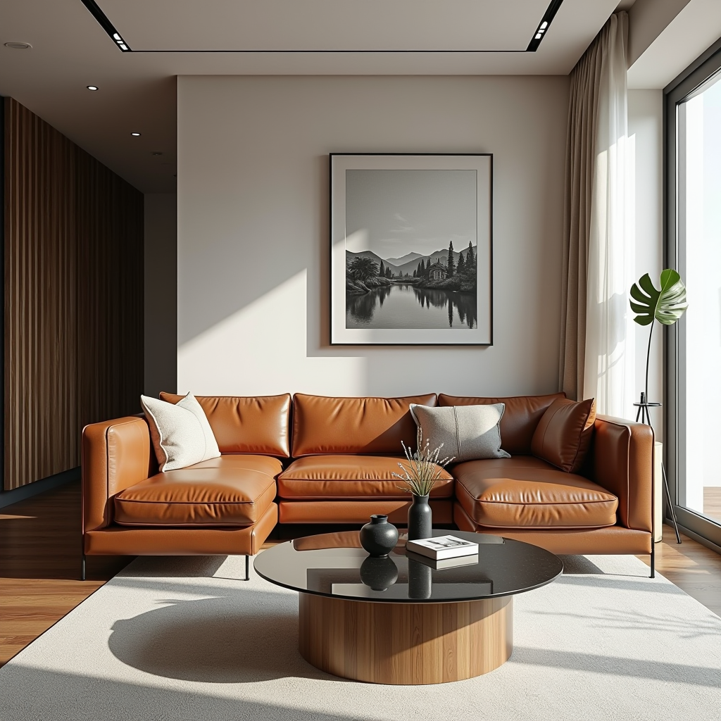 Elegante soggiorno moderno con mobili in legno curato, divano in pelle e tavolino in vetro, illuminato da luce naturale che evidenzia la qualità e la manutenzione impeccabile dell'arredamento