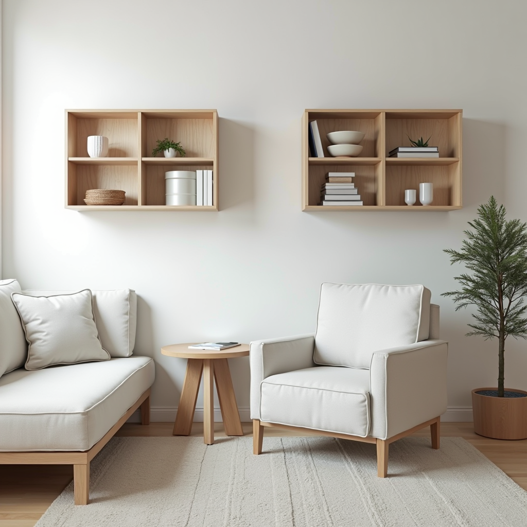 Modern multifunctional furniture pieces arranged in a small Italian apartment, featuring space-saving storage solutions, foldable tables, wall-mounted shelves, and convertible sofa bed in minimalist Scandinavian style with white and natural wood tones