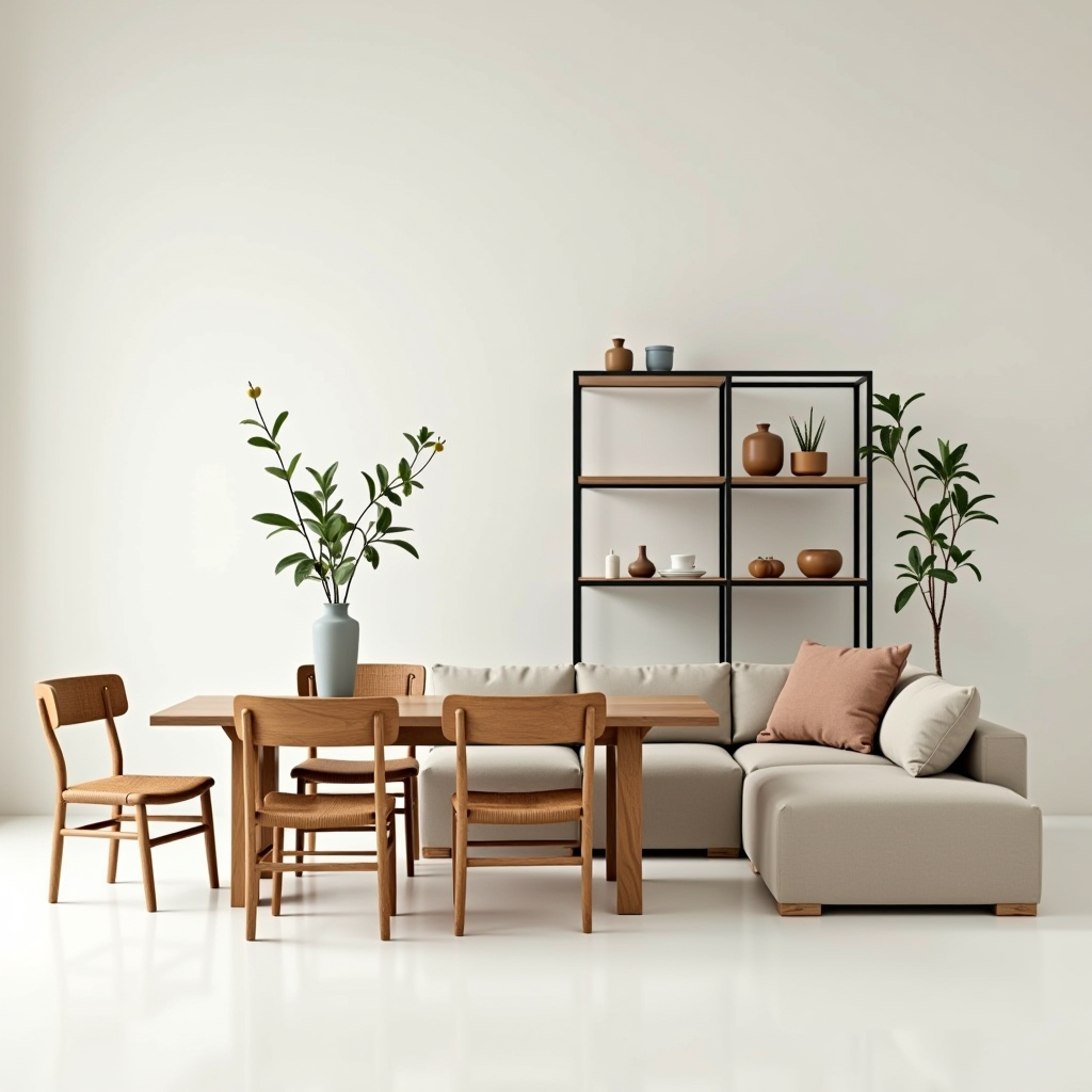 Eco-friendly furniture collection made from sustainable materials including bamboo chairs, reclaimed wood dining table, recycled metal shelving units, and organic fabric upholstered sofa in natural earth tones and textures
