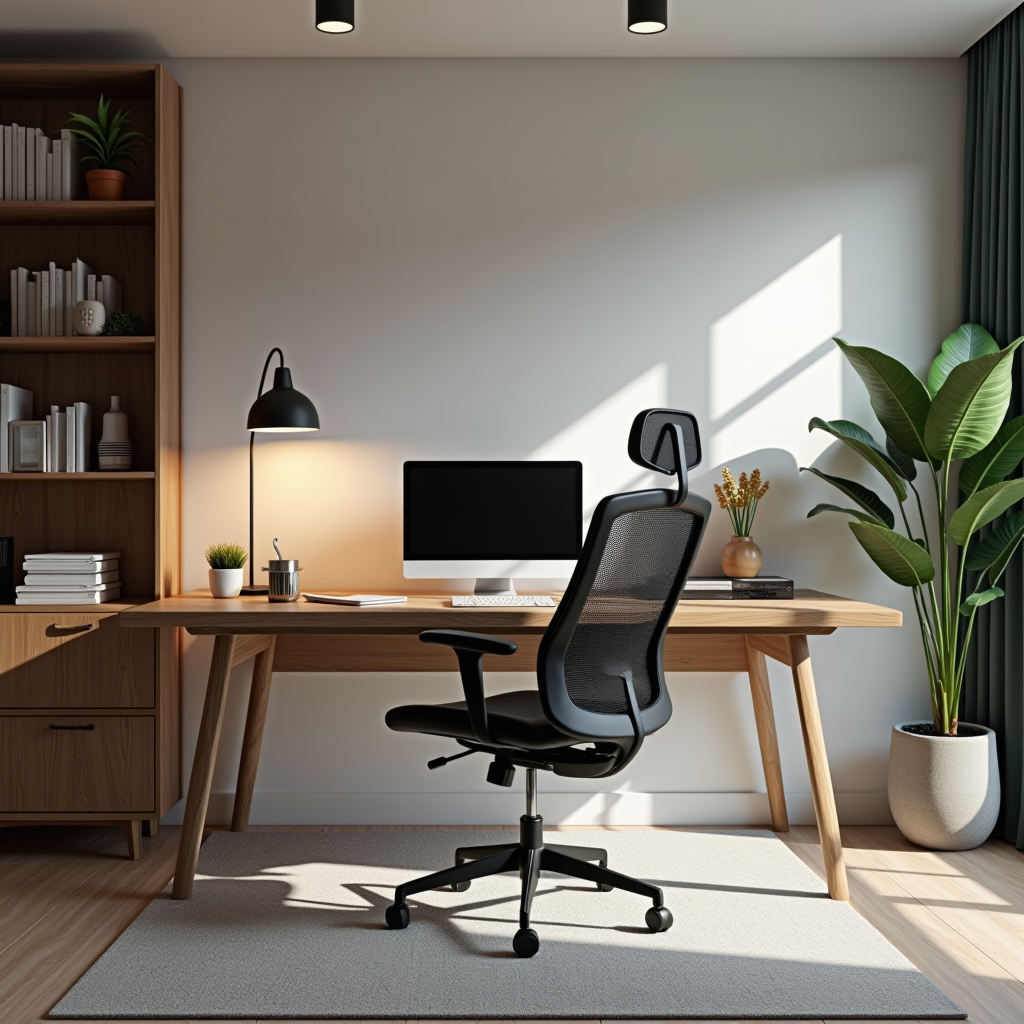 Spazio di lavoro moderno per ufficio domestico con sedia ergonomica, scrivania regolabile, illuminazione adeguata, estetica del design italiano, soluzioni di archiviazione