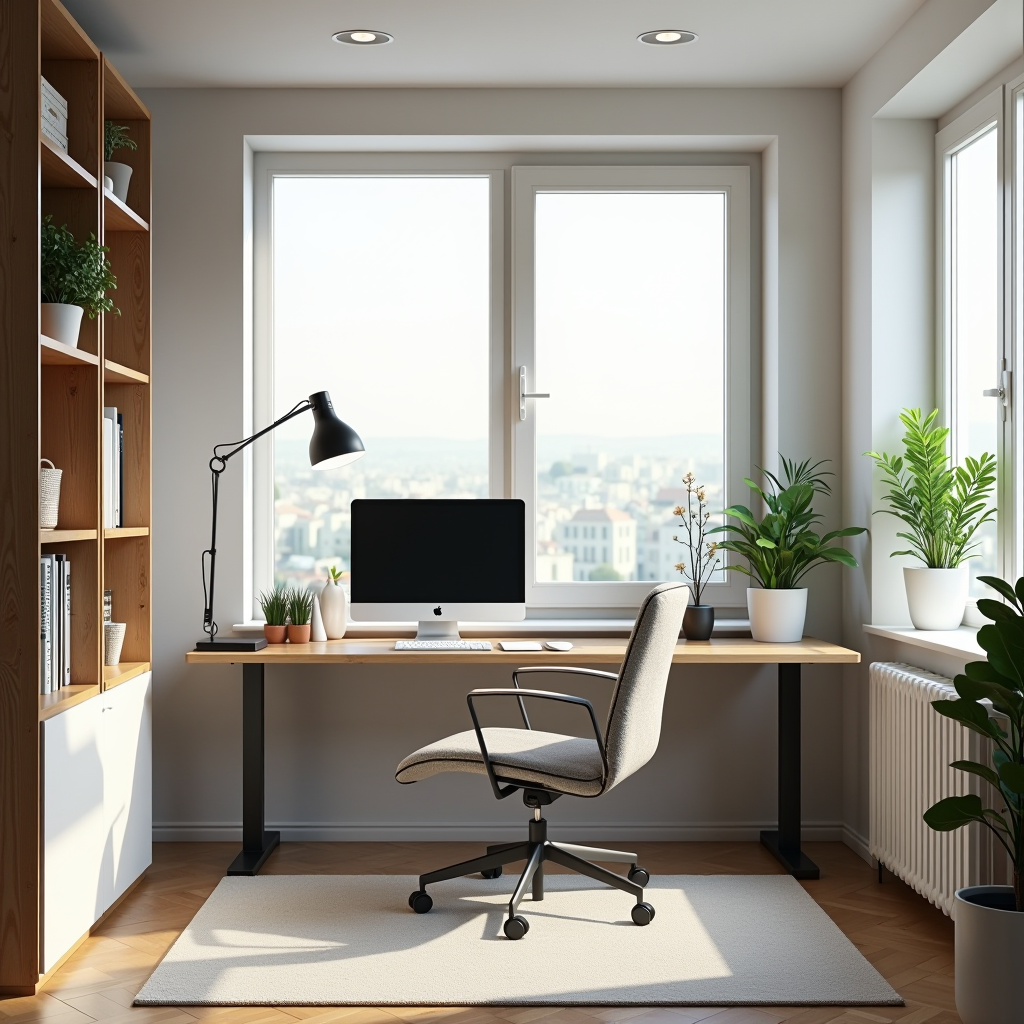 Modern Italian home office setup with ergonomic adjustable desk, comfortable office chair with lumbar support, task lighting, organized storage systems, laptop, plants, and minimalist decor in bright natural lighting