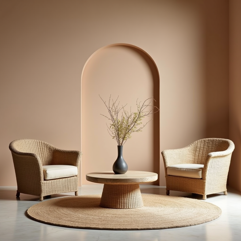 Design di mobili contemporanei mediterranei con texture naturali, palette di colori caldi, linee pulite, interni italiani minimalisti, tendenze 2026